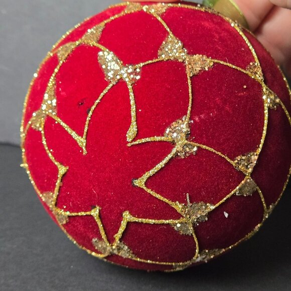 Frontgate Red Velvet Christmas Ornament 4" Gold Glitter Diamond Pattern Elegant - Picture 4 of 7